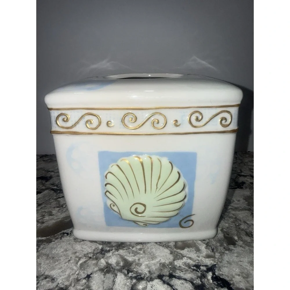 Ceramic Beach Seashell Starfish Tissue Box Cover Rectangular Coastal Ocean